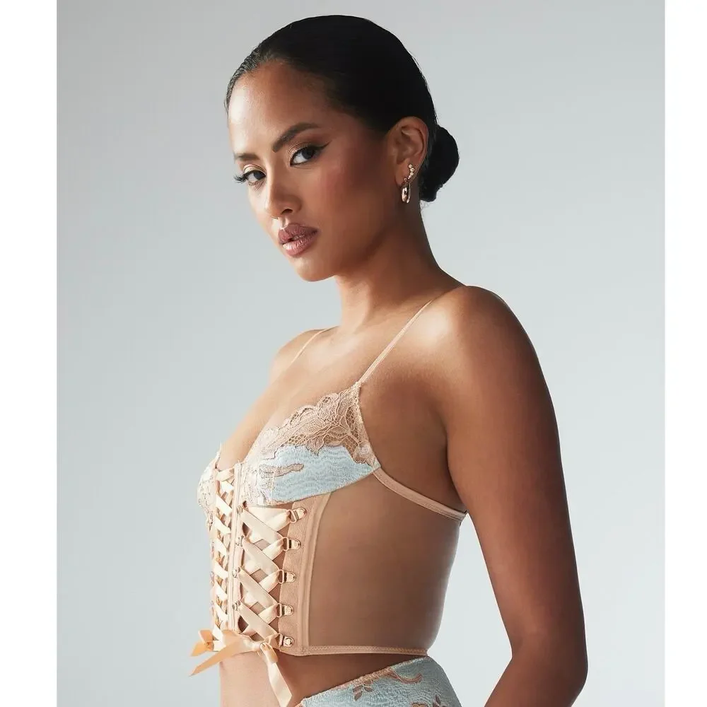 Savage x Fenty Laced Up Strappy Cami Corset Camisole Lace Mesh Bra Top L New